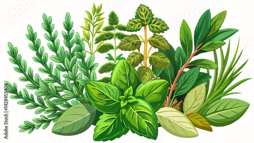 Close up of fresh herbs including thyme and stevia plant arrangement on white background