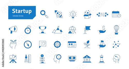 Startup Blue Line Icons Set. Funding, Planning, Strategy, Launch, Marketing, Growth, Ideas, Technology, Creativity Icons Editable Stroke Vector Illustration