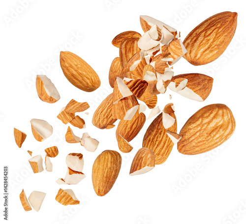 Fresh Almond nuts  levitating in air on white background. Isolated Falling crushed almonds nuts. Almonds is torn to pieces explosion with crumbs.
