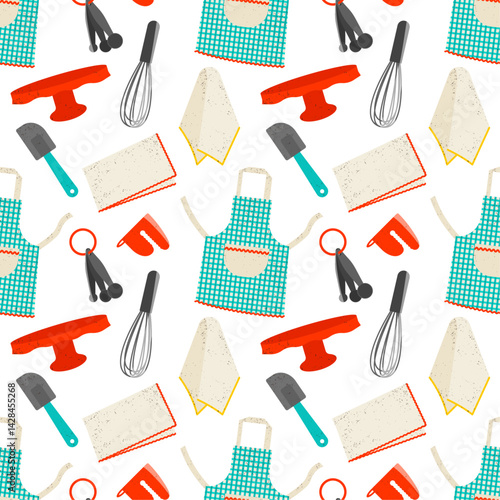 Seamless pattern with cute kitchen utensils and different kitchen textiles.