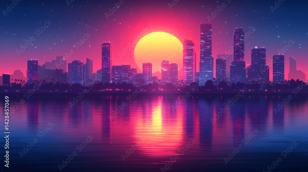 Fototapeta premium Retro cityscape at sunset, vibrant colors reflecting on calm water.