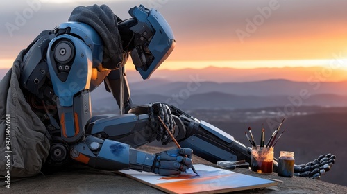 Humanoid robot artist painting outdoors during sunset on mountain landscape scene