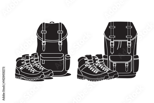 Hiking Backpack and Boots Vector Outdoor Adventure Gear Silhouette Art