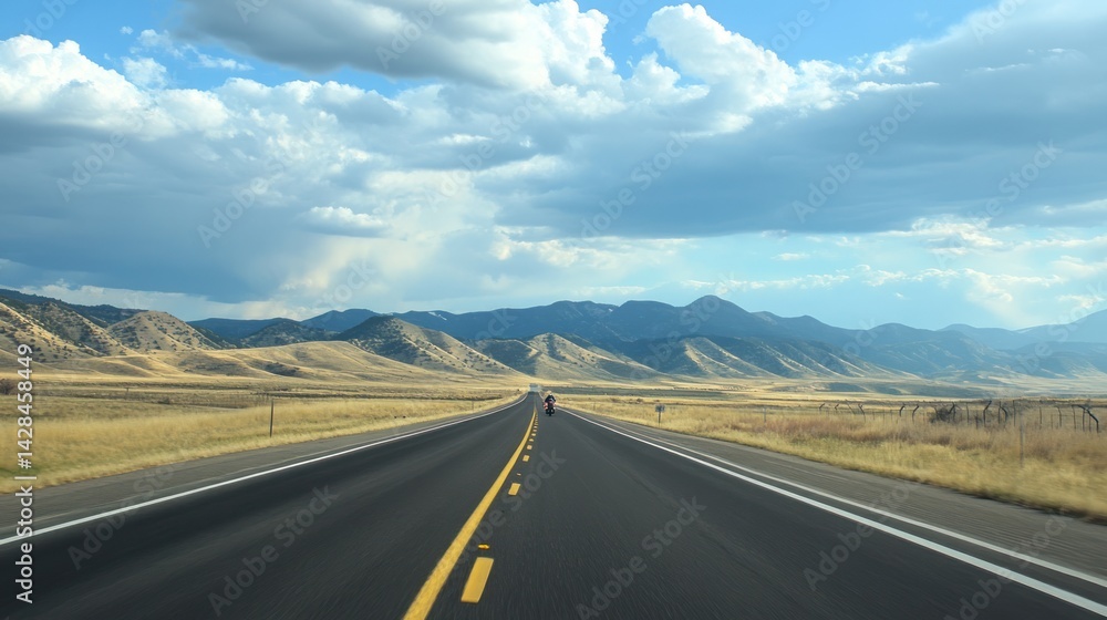 Naklejka premium Endless open road amidst rolling hills under a vast expanse of cloudy skies