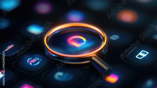 Magnifying glass focuses on a digital interface.