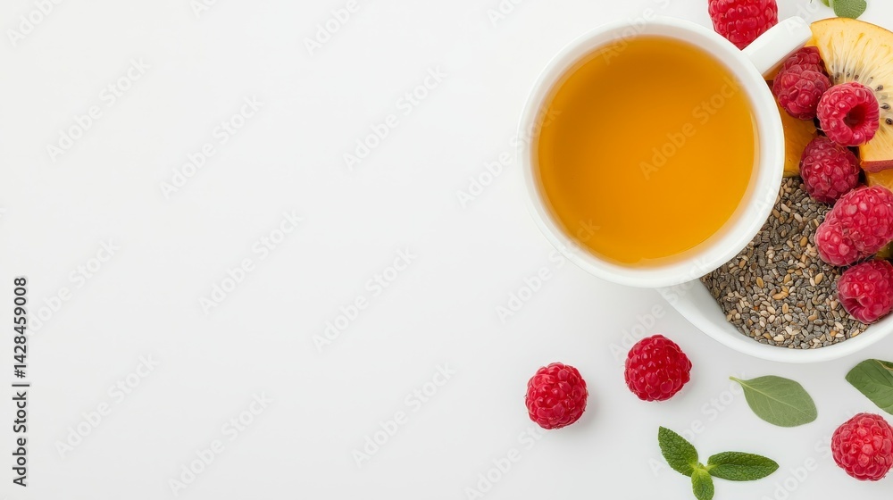 Rejuvenation Through Detox and Nutrient-Rich Wellness Choices, A cup of tea surrounded by fresh raspberries and chia seeds on a clean, white background.