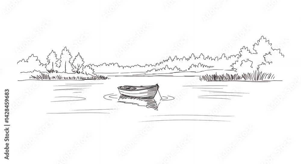 Fototapeta premium Simple lakeside rowboat illustration sketch drawing
