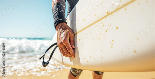 Close-up of a surfer's hand gripping a surfboard, sandy beach and ocean waves in the background, concept of summer hobby and coastal lifestyle. Ai generative