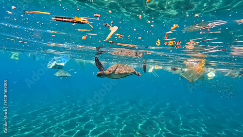 Sea turtles swimming amongst plastic trash pollution and debris floating on surface of ocean