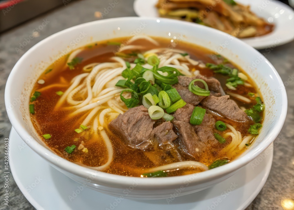 bowl of beef noodle soup with green onions on top, served in white ceramic bowl on table. bowl of beef noodle soup with green onions on top, served in white ceramic bowl on table.