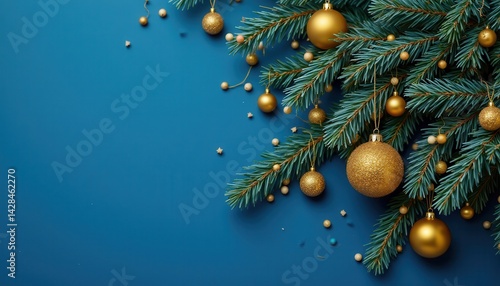 Christmas Holiday Decoration with Blue Ornaments and Pine Branches Festive Atmosphere Close-up View