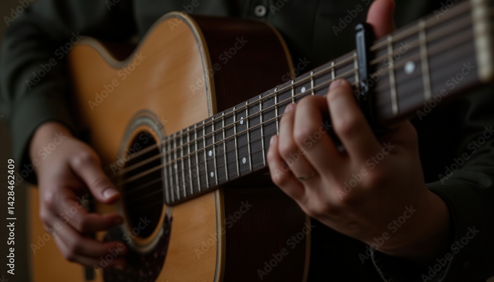 Closeup of a Guitar Player in a Cozy Room Musical Performance Indoor Ambiance Artistic Perspective Closeup of a Guitar Player in a Cozy Room Musical Performance Indoor Ambiance Artistic Perspective