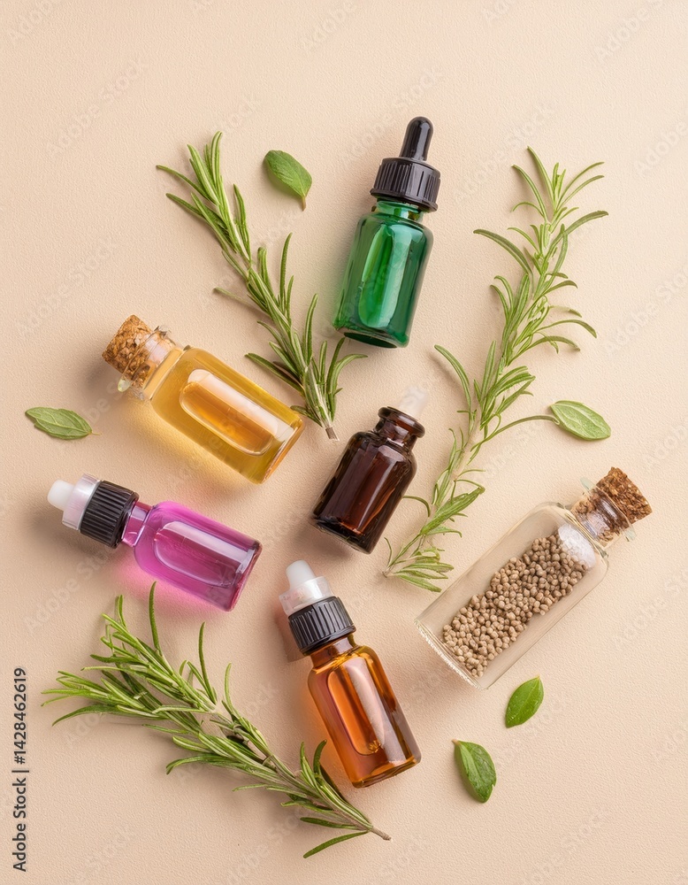 Colorful Bottles of Essential Oils with Herbs and Seeds Colorful Bottles of Essential Oils with Herbs and Seeds