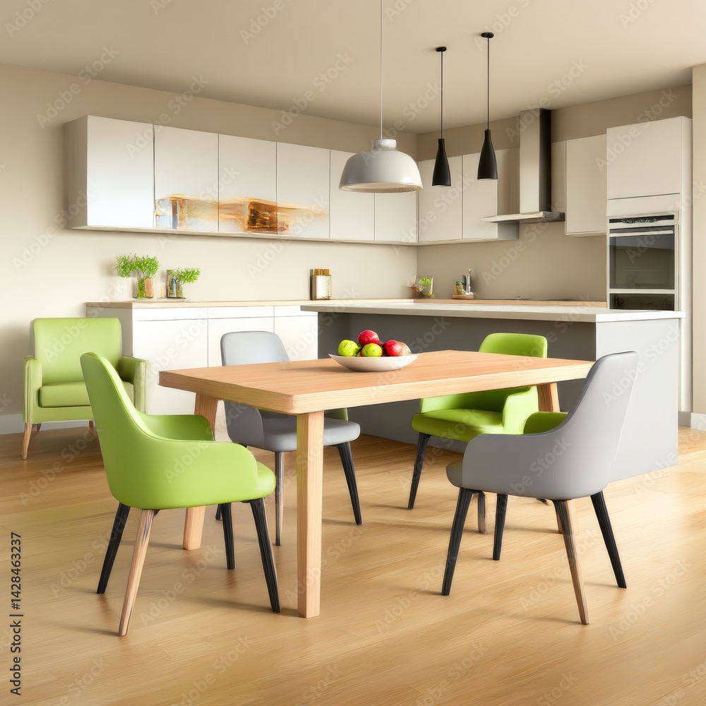 Fototapeta premium Modern Kitchen Design with Wooden Dining Table, Green & Grey Chairs and Light Beige Interior 