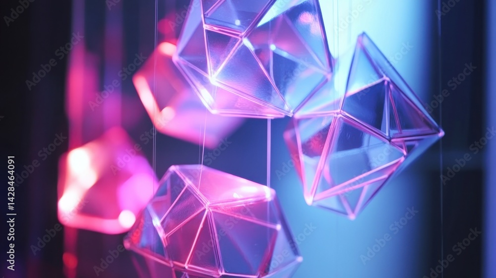 Faintly glowing geometric shapes suspended in air at a digital art night event Faintly glowing geometric shapes suspended in air at a digital art night event
