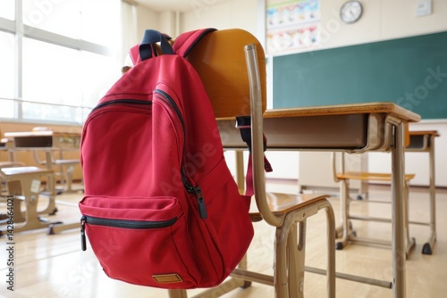 School backpack hanging on a wooden chair in classroom. Back to school concept