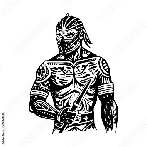 A tribal tattooed warrior illustration in vintage style 