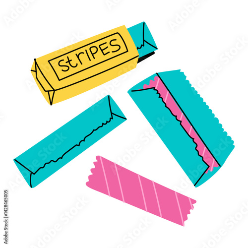 set of chewing gum strips. Packaging with open plates. Pink chewing gum in foil packaging. Bright flat color illustration in the form of doodles. Isolated on a white. Chewing gum from the 90s, 2000s