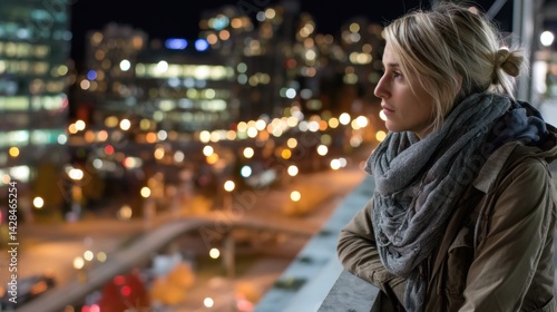 Wallpaper Mural Thoughtful woman in casual jacket and scarf gazing at city lights from balcony at night Torontodigital.ca
