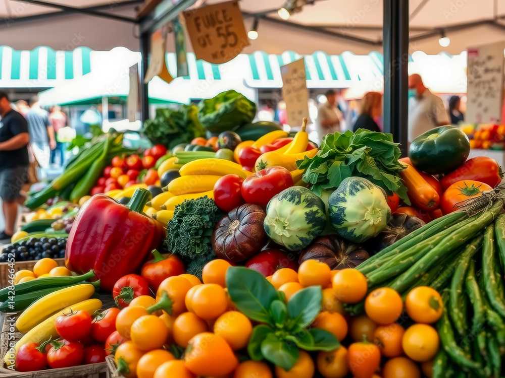 A large display of fresh fruits and vegetables, including oranges, tomatoes, and peppers. The produce is arranged in a way that makes it easy for customers to see and select what they want