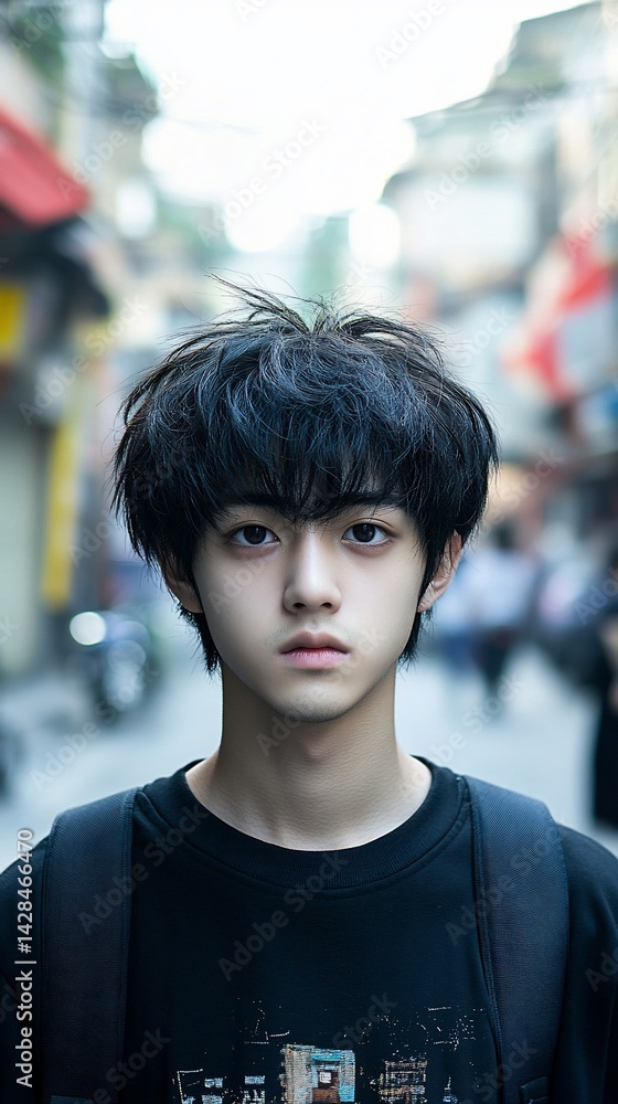 Fototapeta premium Portrait of a young man with black hair, shot outdoors in a blurry urban setting