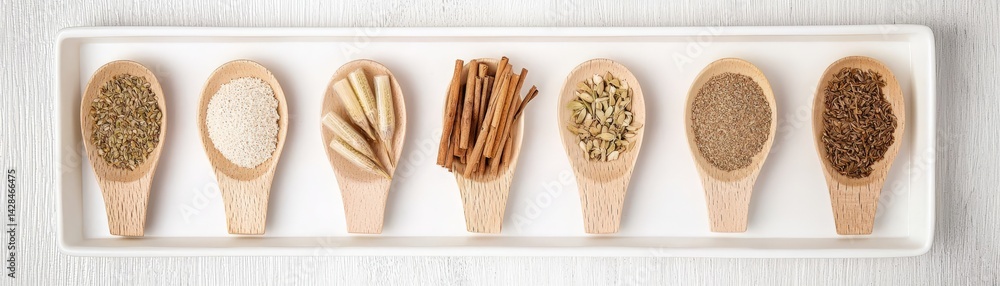 Rejuvenation Through Detox and Nutrient-Rich Wellness Choices, Artistic arrangement of wooden spoons displayed on a tray.
