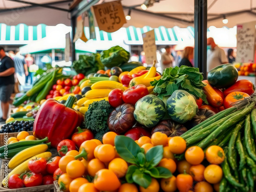 Obraz na płótnie A large display of fresh fruits and vegetables, including oranges, tomatoes, and peppers. The produce is arranged in a way that makes it easy for customers to see and select what they want w salonie