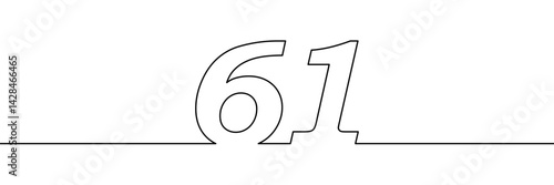A single line drawing of a sixty one symbol. One line icon. Continuous line sixty first number icon. Simple black outline of the number 61. Vector illustration