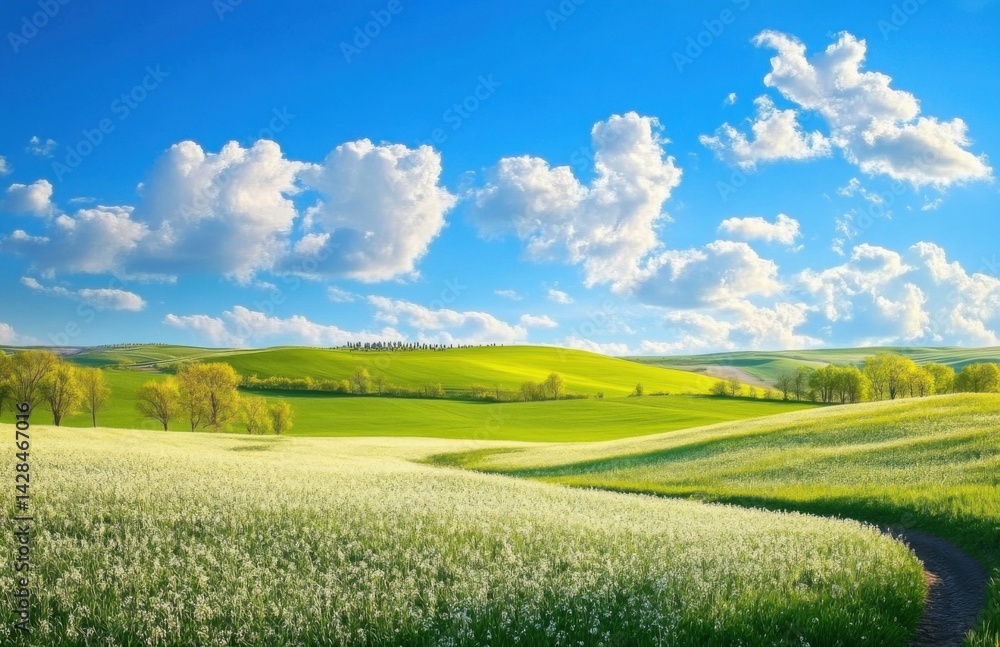 Fototapeta premium art springtime rural landscape. Springfield and blue sky panorama
