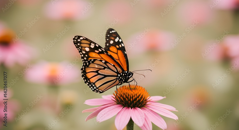 Monarch butterfly gracefully perched on a vibrant coneflower in a sunlit garden, showcasing nature's delicate beauty and the harmony of life in spring Generative AI Monarch butterfly gracefully perched on a vibrant coneflower in a sunlit garden, showcasing nature's delicate beauty and the harmony of life in spring Generative AI
