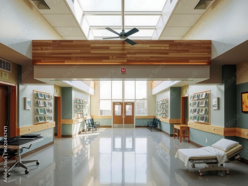 A hospital room with a bed and a fan. The room is empty and has a clean, sterile look