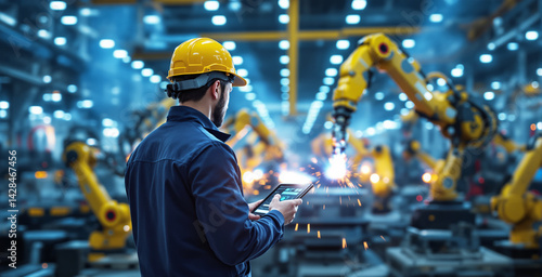 Wallpaper Mural Man in industrial uniform and helmet uses tablet to monitor robotic arms in smart factory, futuristic style, indoor background, concept of future industry. Ai generative Torontodigital.ca