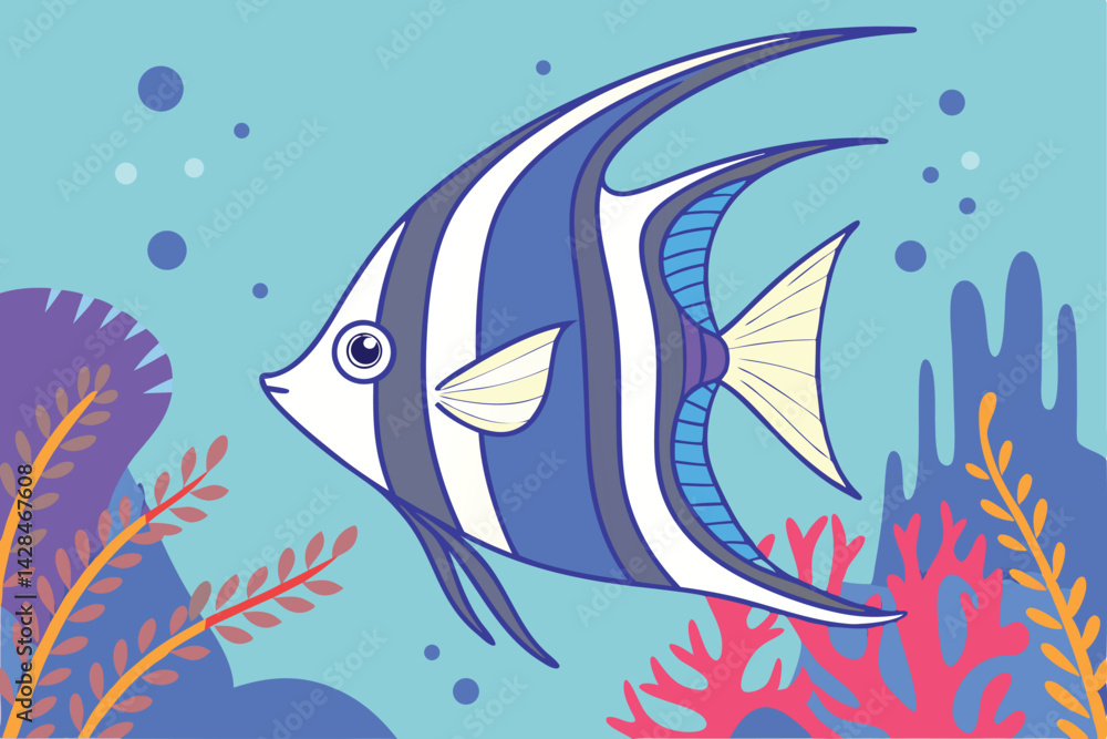 Naklejka premium Cartoon Angelfish in Ocean Vibrant Underwater Illustration