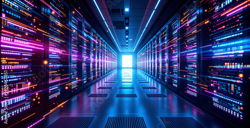 Wallpaper Mural Neon-lit futuristic server room interior with glowing data streams, digital tech style, metallic floor background, concept of future data industry. Ai generative Torontodigital.ca
