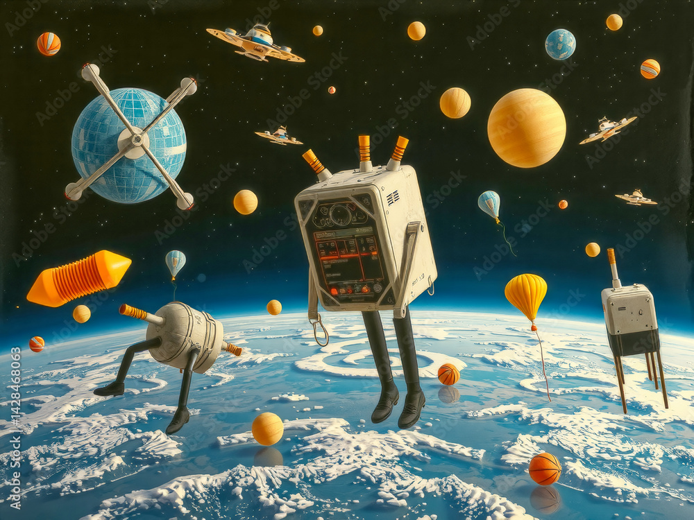 A painting of a man in space with a robot and a bunch of balloons. The painting is full of bright colors and has a whimsical, playful mood