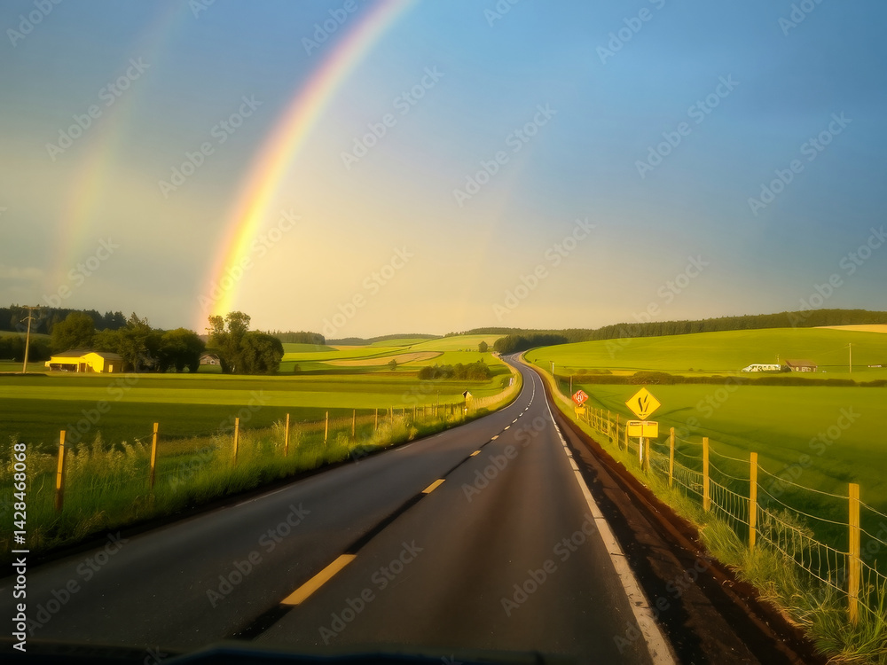 A rainbow is seen in the sky above a road. The road is empty and the sky is clear