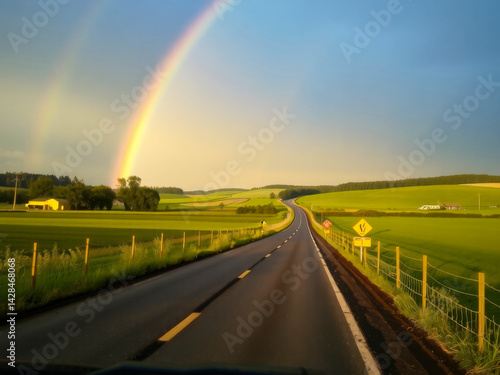 Obraz na płótnie A rainbow is seen in the sky above a road. The road is empty and the sky is clear w salonie