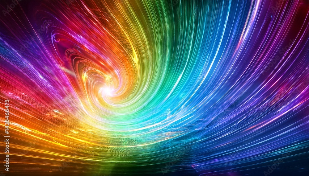 Fototapeta premium rainbow spiraling vortex background banner beautiful ethereal radiating gaseous energy field with a spiral on left side with streams of energy trailing across to the right side and space for copy