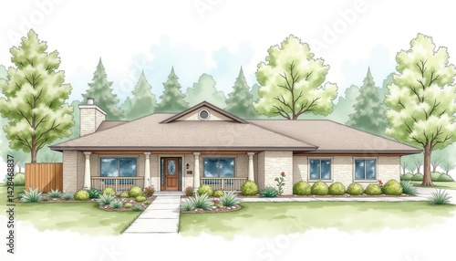 Obraz na płótnie Watercolor Illustration of Modern Home Suburban Area Architectural Design Lush Environment Front View Contemporary Concept w salonie