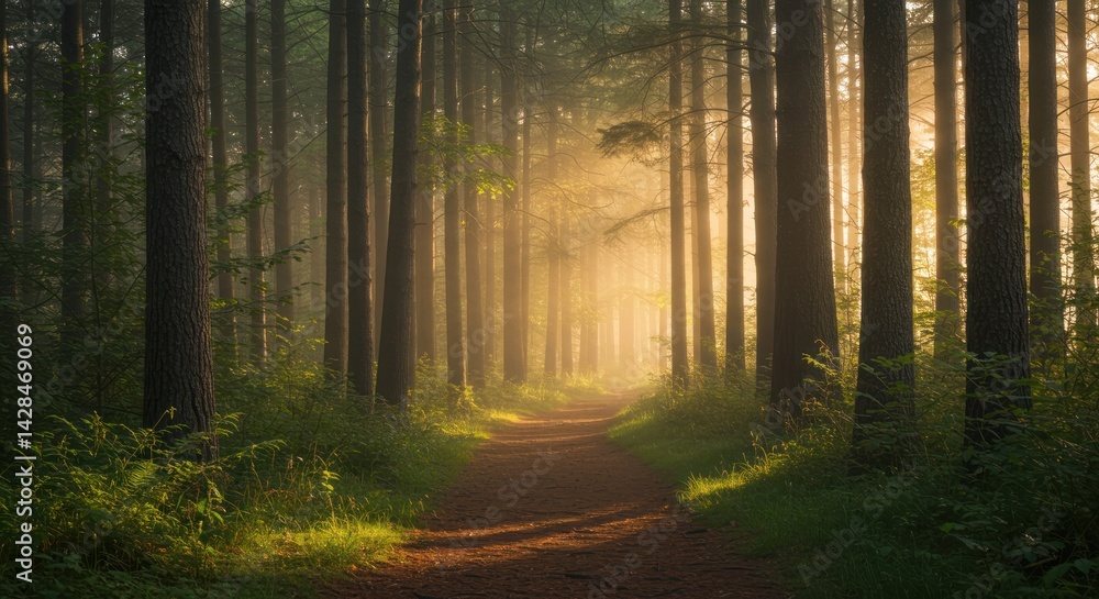 Obraz premium Forest path with sunlight shining through trees creating a serene atmosphere.