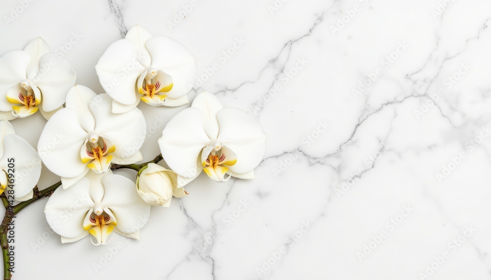Elegant White Orchid Phalaenopsis Flowers on Marble Surface Stunning Floral Arrangement Bright Indoor Environment