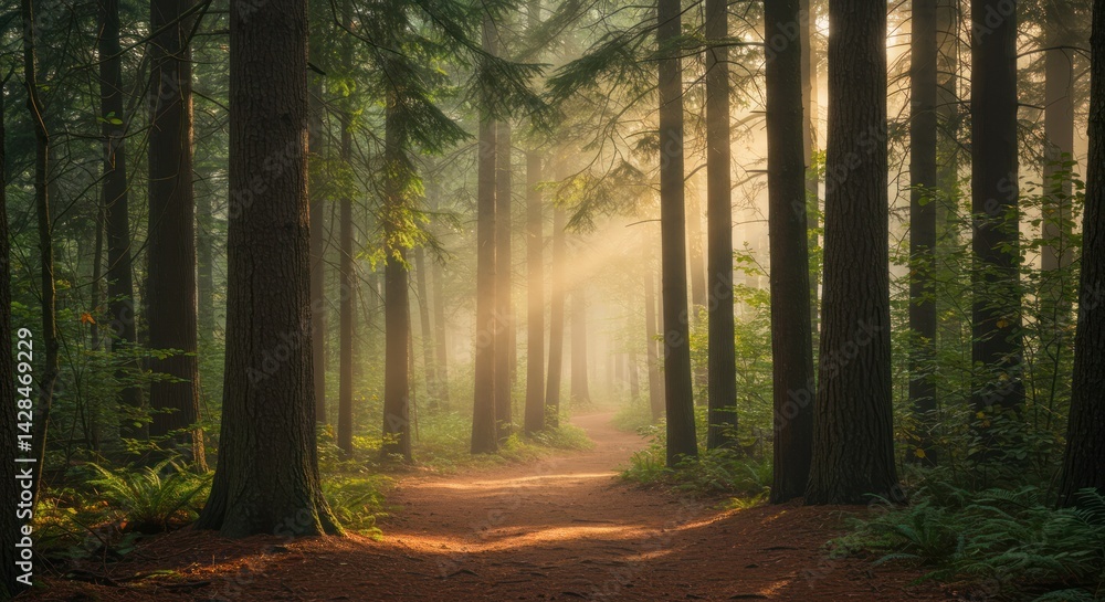 Forest path with tall trees and sunlight shining through the canopy. Forest path with tall trees and sunlight shining through the canopy.