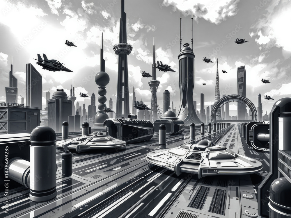 A futuristic city with many spaceships flying around. Scene is futuristic and exciting