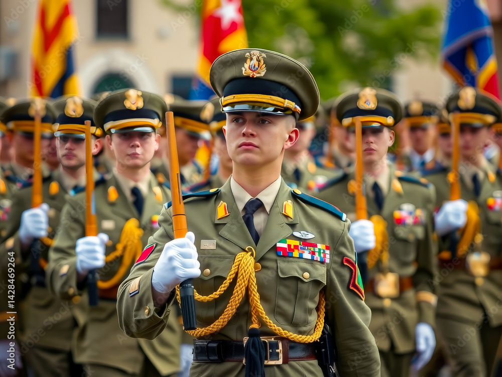 A man in a military uniform is holding a stick and leading a group of soldiers. Concept of discipline and order, as the soldiers march in formation