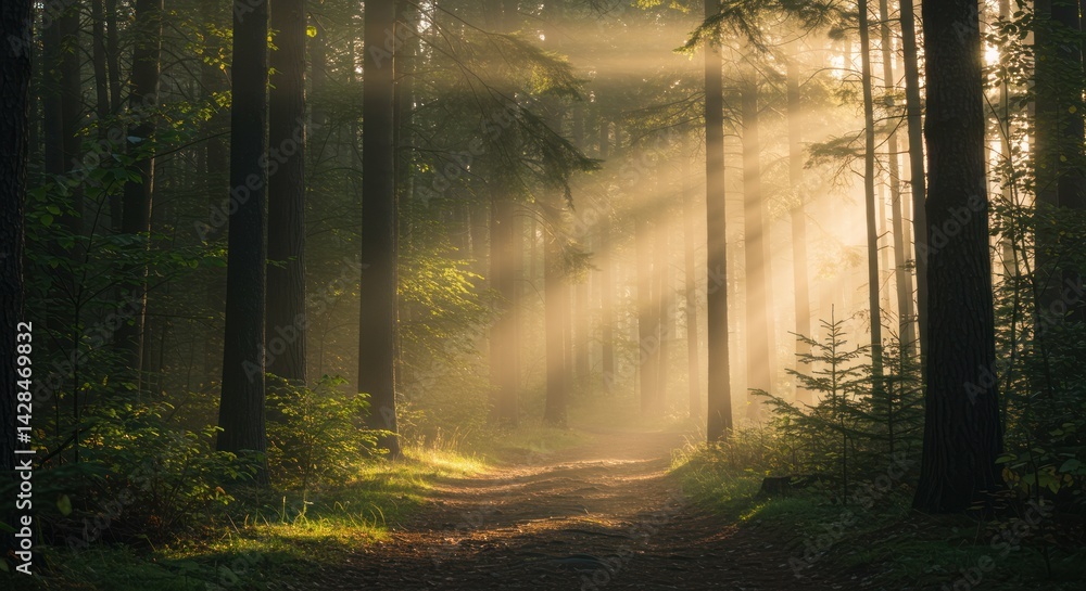 Sunlight shines through trees in a forest creating a mystical atmosphere. Sunlight shines through trees in a forest creating a mystical atmosphere.