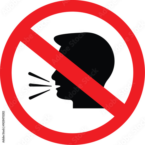 no talking allowed sign icon, prohibition symbol with person speaking, silence warning in restricted area