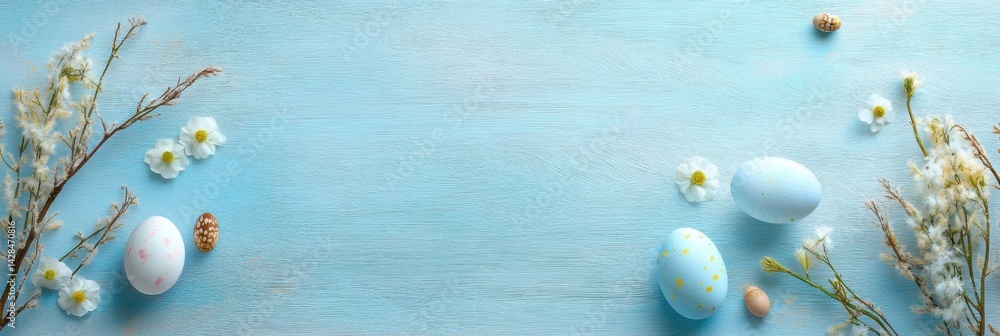 Fototapeta premium Art Happy Easter background; Easter eggs and spring flowers on blue table
