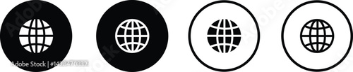 World glob icon set. Globes with world maps symbol. Black internet globe network stroke lines icons isolated on transparent background . Website erath vector.