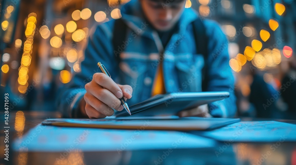 Urban student meticulously reviewing financial documents at night. Urban student meticulously reviewing financial documents at night.