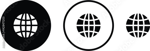 World glob icon set. Globes with world maps symbol. Black internet globe network stroke lines icons isolated on transparent background . Website erath vector.